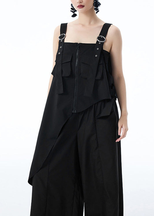 Black Patchwork Stylish Top Shirt Asymmetrical Pockets Summer