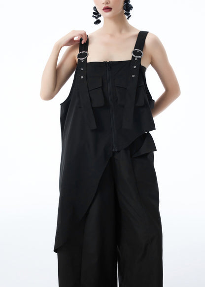Black Patchwork Stylish Top Shirt Asymmetrical Pockets Summer