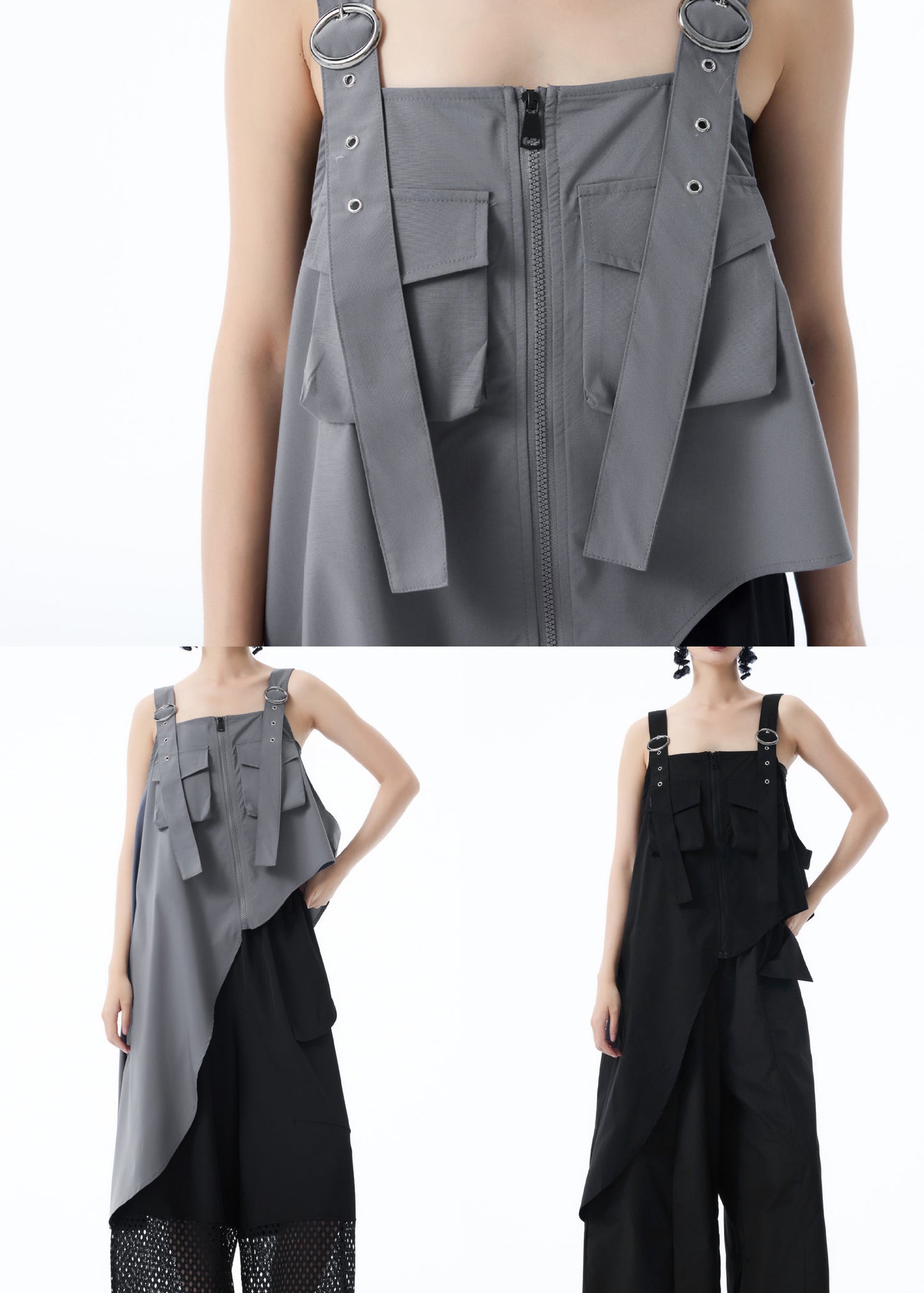 Black Patchwork Stylish Top Shirt Asymmetrical Pockets Summer