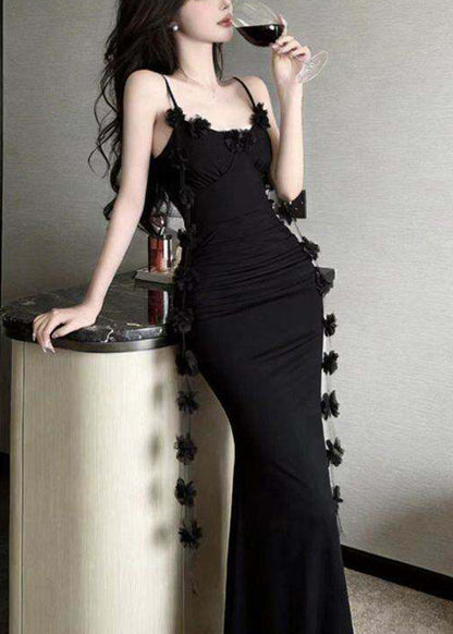 Black Patchwork Tassel Maxi Spaghetti Strap Dress Sleeveless