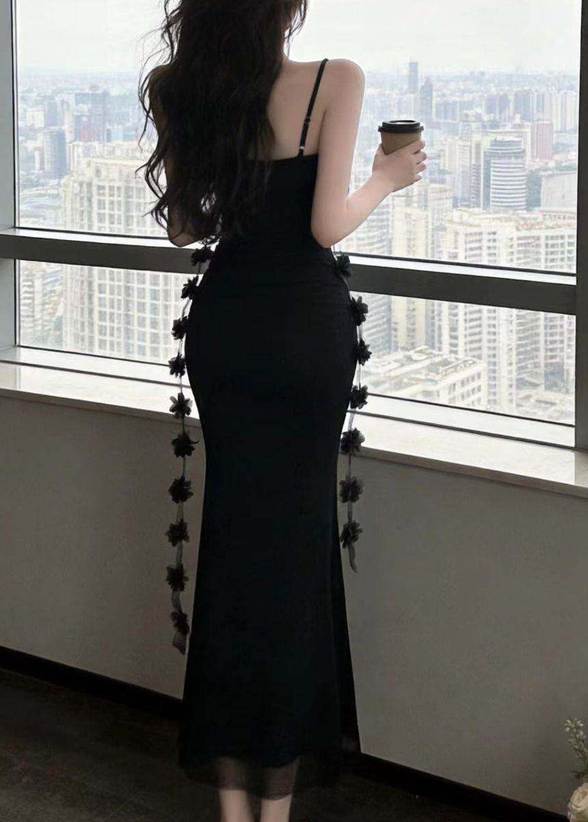 Black Patchwork Tassel Maxi Spaghetti Strap Dress Sleeveless