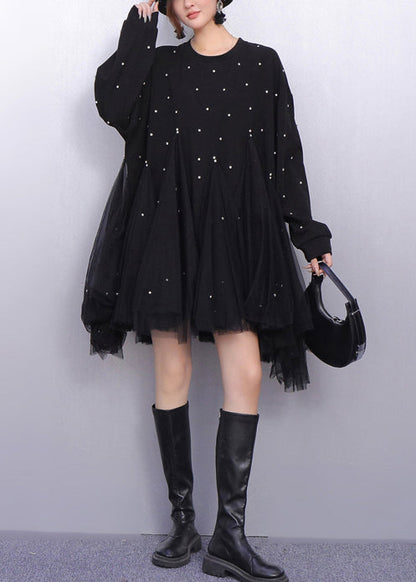 Black Patchwork Tulle Long Dresses Oversized Rhinestone Spring