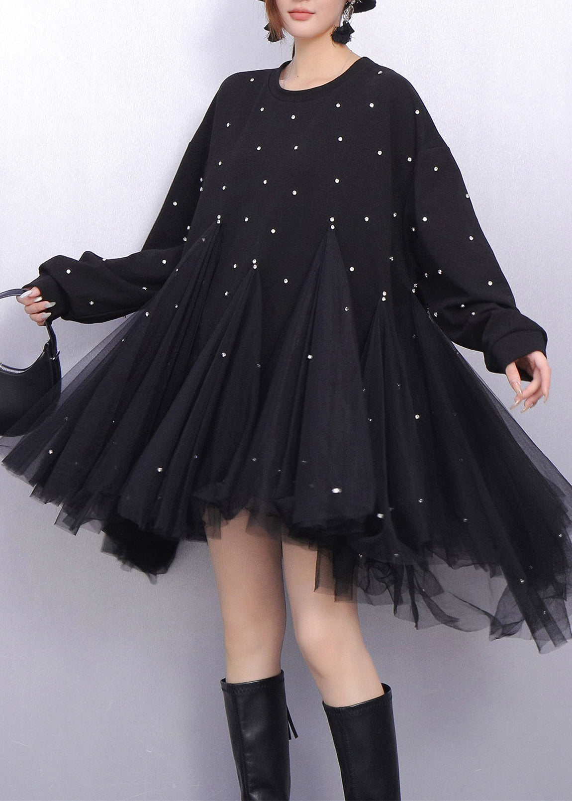 Black Patchwork Tulle Long Dresses Oversized Rhinestone Spring