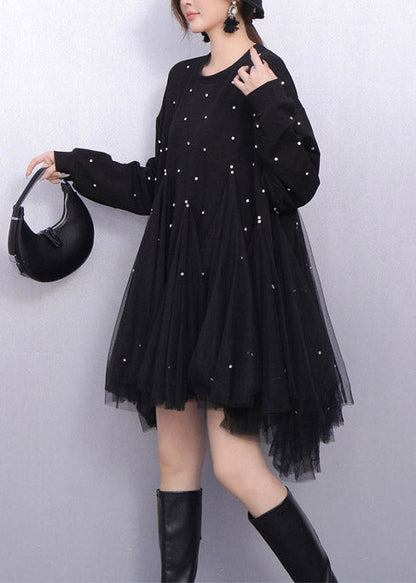 Black Patchwork Tulle Long Dresses Oversized Rhinestone Spring