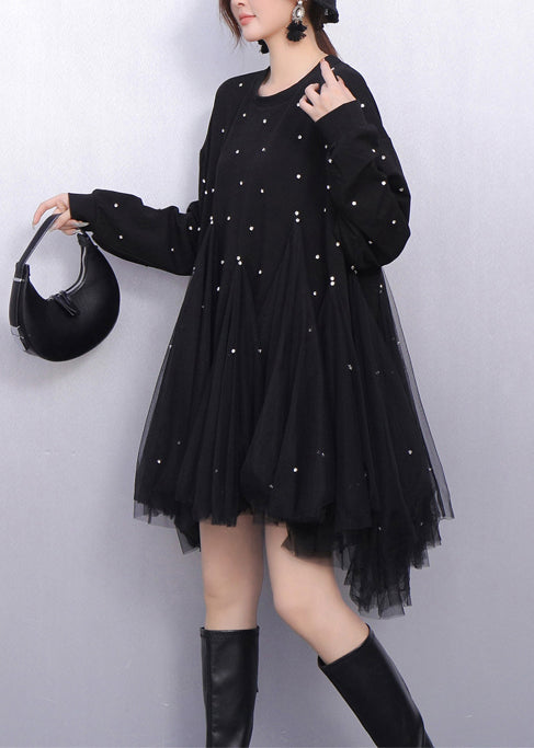 Black Patchwork Tulle Long Dresses Oversized Rhinestone Spring