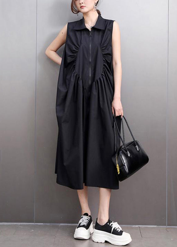 Black Patchwork Wrinkled Solid Maxi Dresses Summer