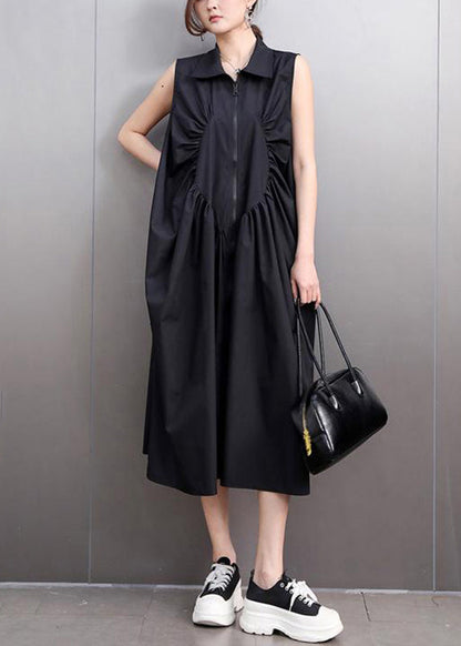 Black Patchwork Wrinkled Solid Maxi Dresses Summer