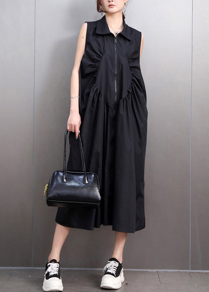 Black Patchwork Wrinkled Solid Maxi Dresses Summer