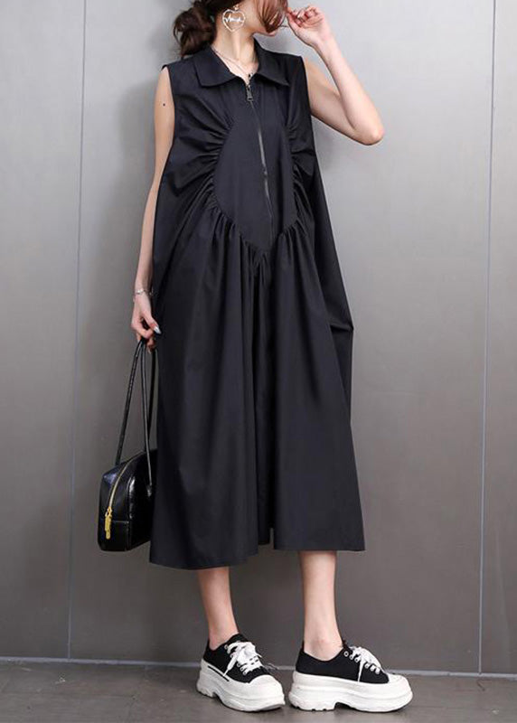 Black Patchwork Wrinkled Solid Maxi Dresses Summer