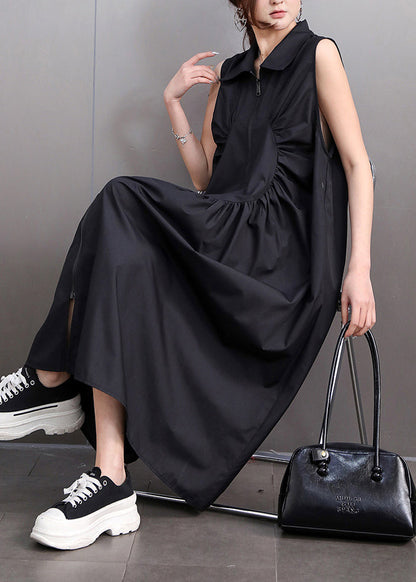 Black Patchwork Wrinkled Solid Maxi Dresses Summer