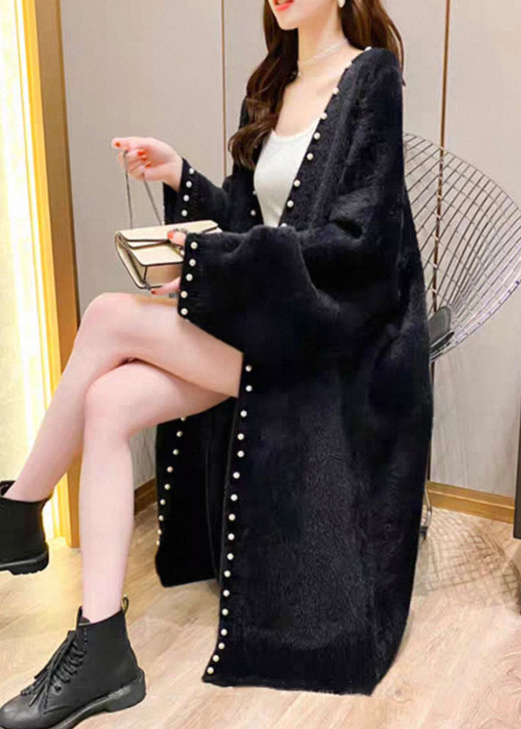 Black Pearl Cozy Solid Knit Spring Coat V Neck