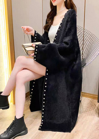 Black Pearl Cozy Solid Knit Spring Coat V Neck