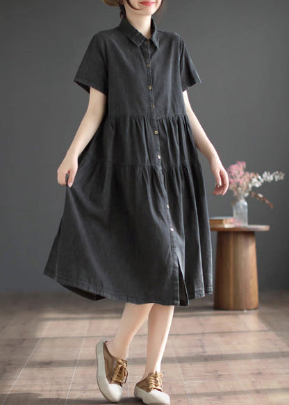 Black Peter Pan Collar Button Silk Denim Maxi Shirt Dresses Short Sleeve