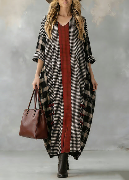 Black Plaid Autumn Loose Fitting V Neck Patchwork Traveling Clothing Vintage