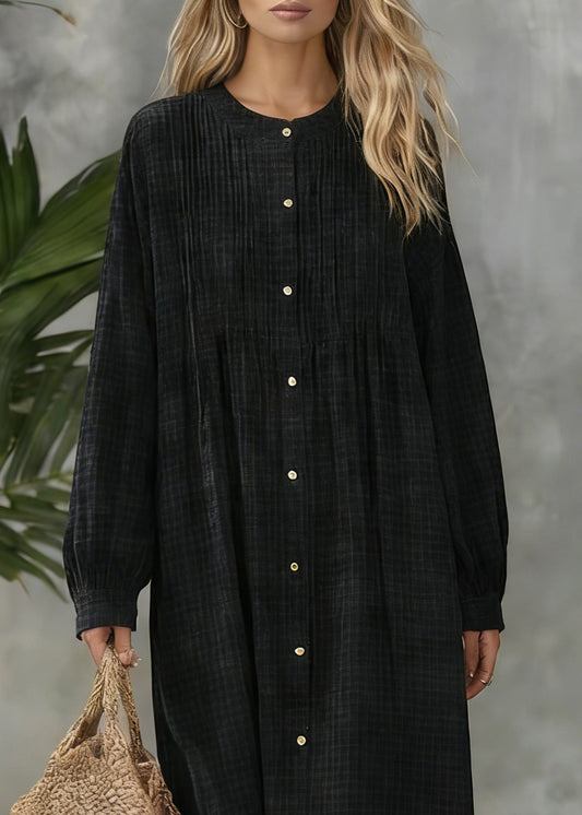 Black Plaid Button Cotton Blouses Dress O Neck Spring