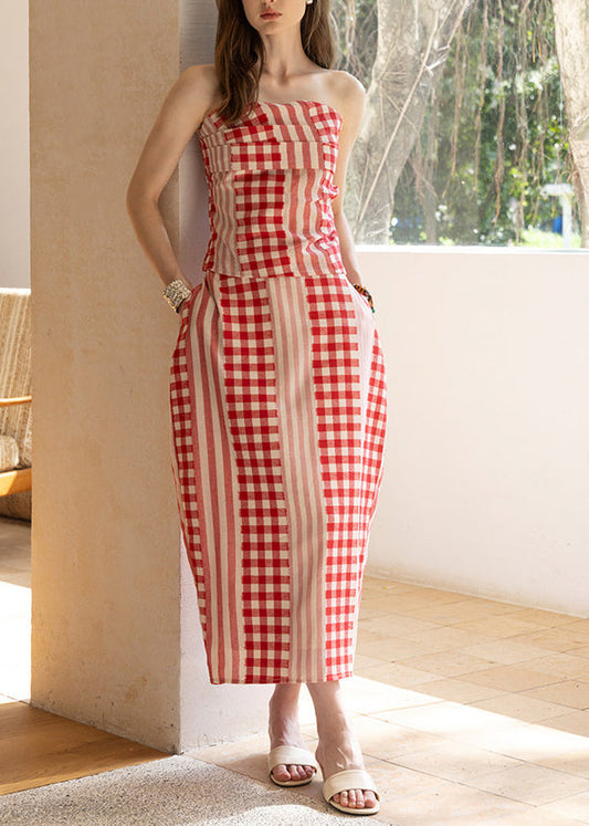 Black Plaid Cotton Strapless Two Piece Set Women Clothing Summer