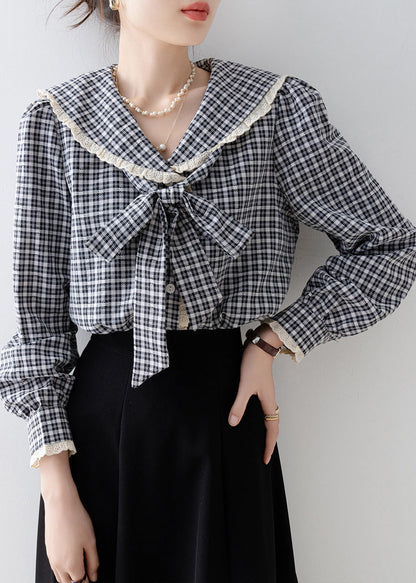 Black Plaid Cotton Top Peter Pan Collar Bow Spring