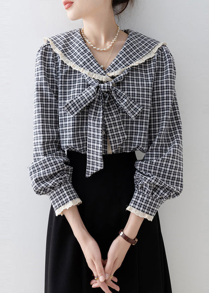 Black Plaid Cotton Top Peter Pan Collar Bow Spring