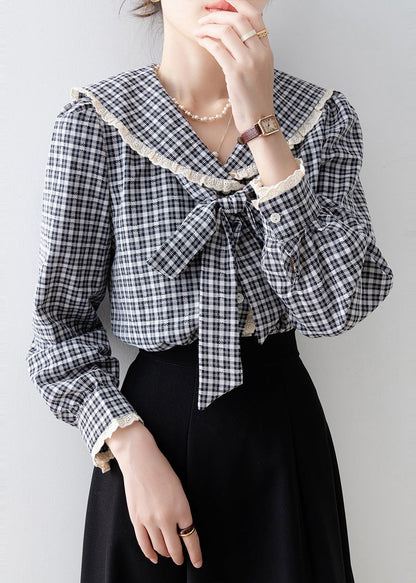 Black Plaid Cotton Top Peter Pan Collar Bow Spring