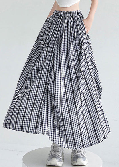 Black Plaid Elastic Waist Draping Maxi Skirt