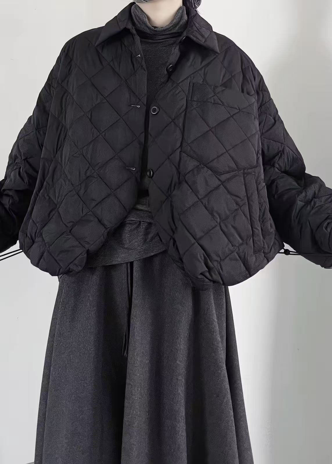 Black Plaid Fine Cotton Filled Jacket Oversized Drawstring Winter