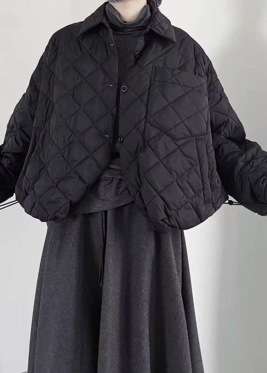 Black Plaid Fine Cotton Filled Jacket Oversized Drawstring Winter