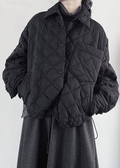 Black Plaid Fine Cotton Filled Jacket Oversized Drawstring Winter