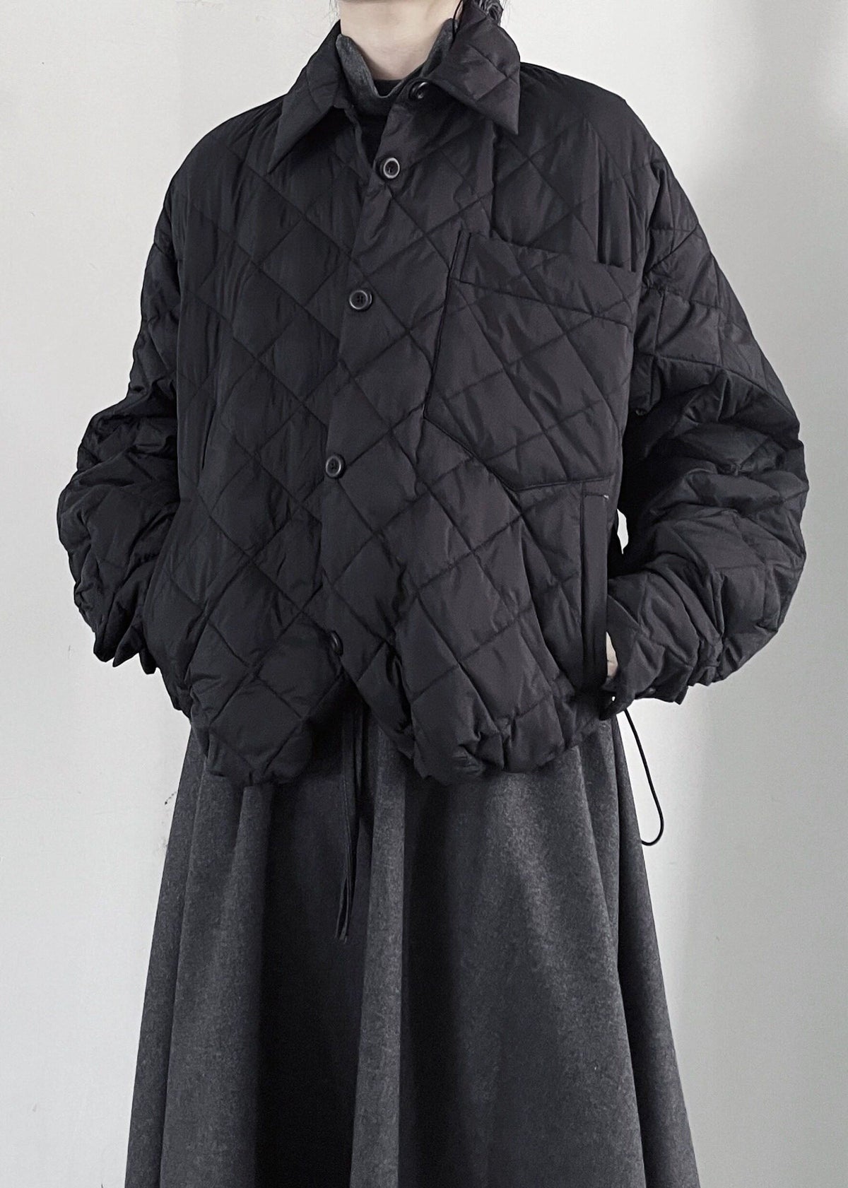 Black Plaid Fine Cotton Filled Jacket Oversized Drawstring Winter