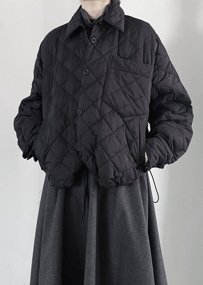 Black Plaid Fine Cotton Filled Jacket Oversized Drawstring Winter