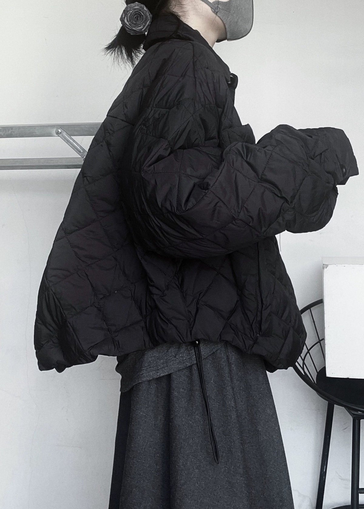 Black Plaid Fine Cotton Filled Jacket Oversized Drawstring Winter