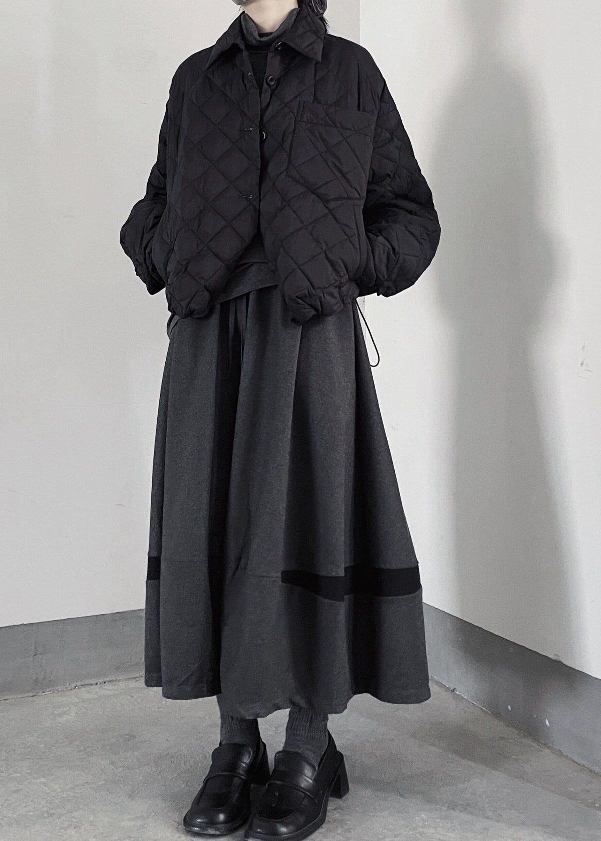 Black Plaid Fine Cotton Filled Jacket Oversized Drawstring Winter
