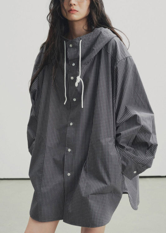 Black Plaid Low High Design Hooded Shirts Spring