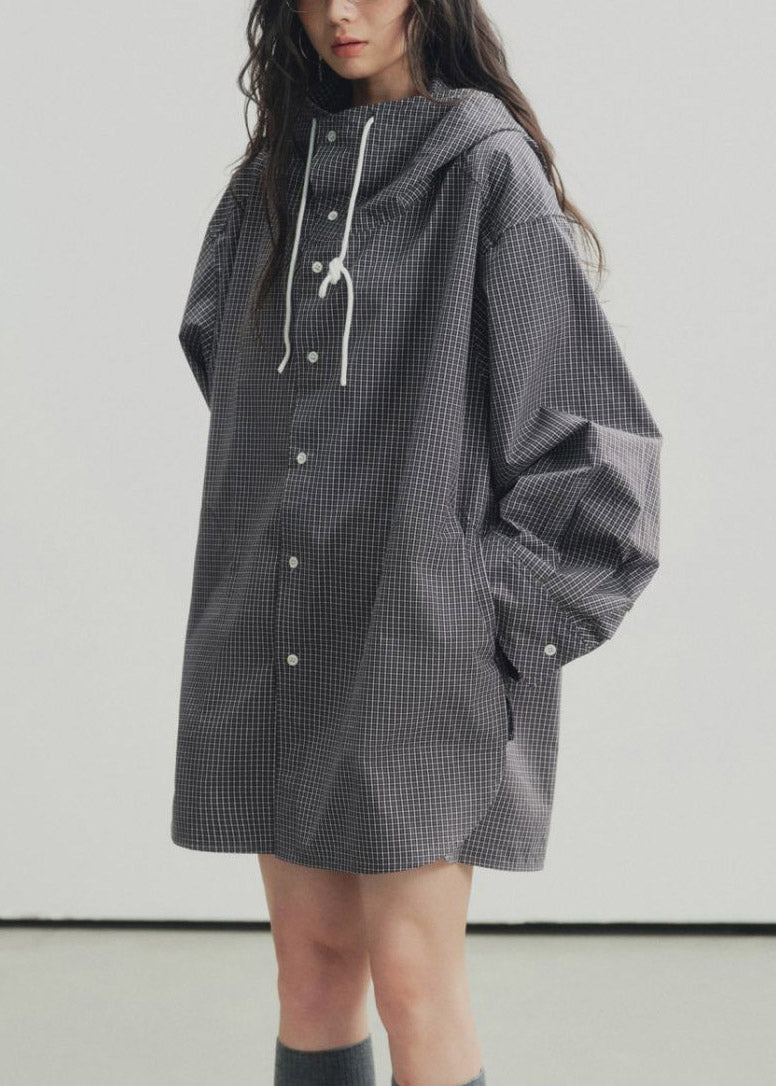 Black Plaid Low High Design Hooded Shirts Spring