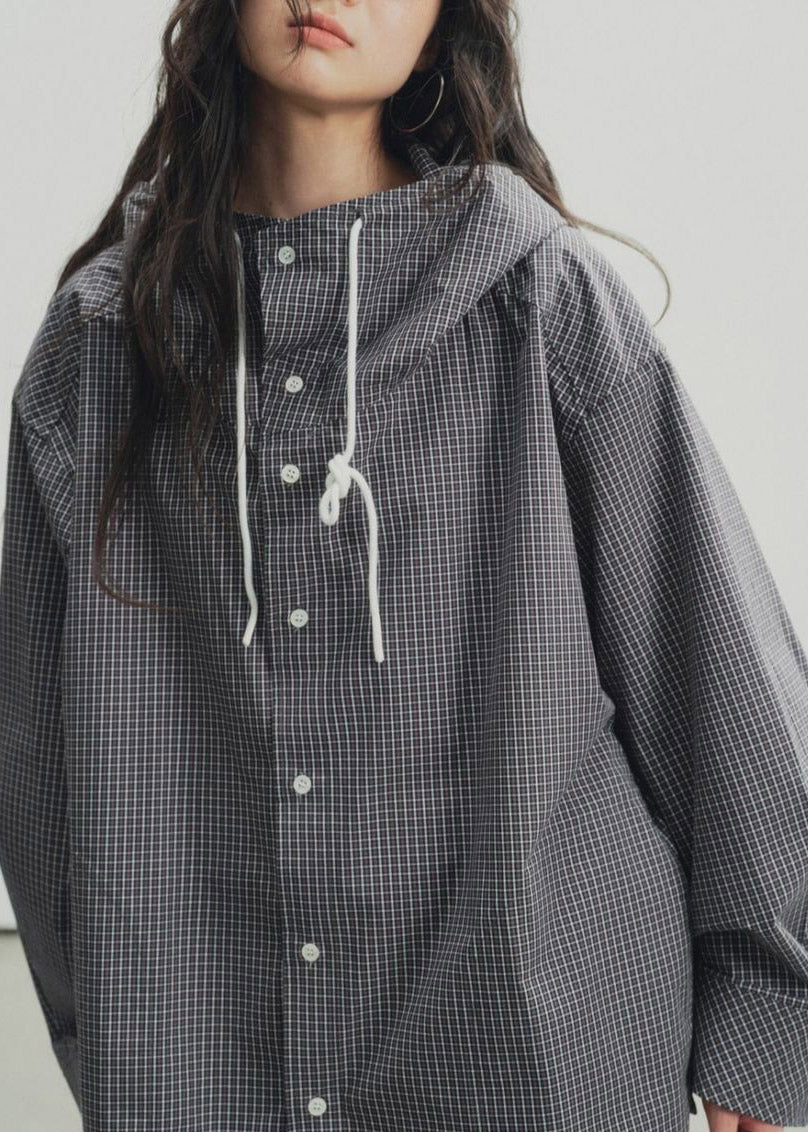 Black Plaid Low High Design Hooded Shirts Spring