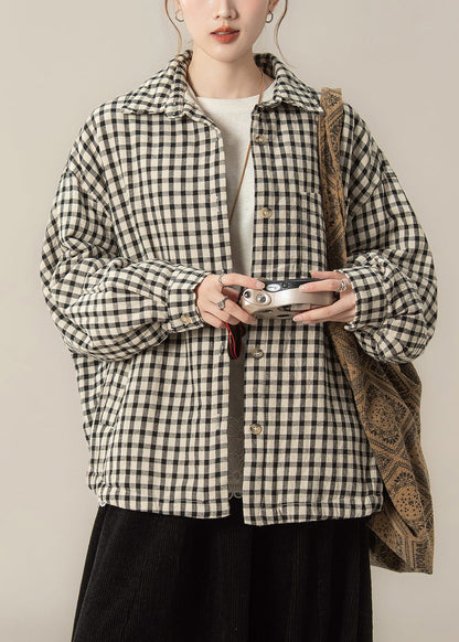 Black Plaid Pockets Oversized Cotton Filled Blouses Coat Peter Pan Collar