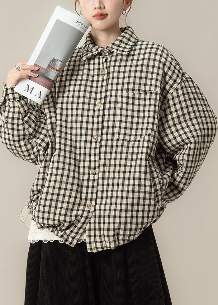 Black Plaid Pockets Oversized Cotton Filled Blouses Coat Peter Pan Collar