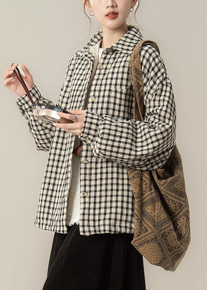 Black Plaid Pockets Oversized Cotton Filled Blouses Coat Peter Pan Collar