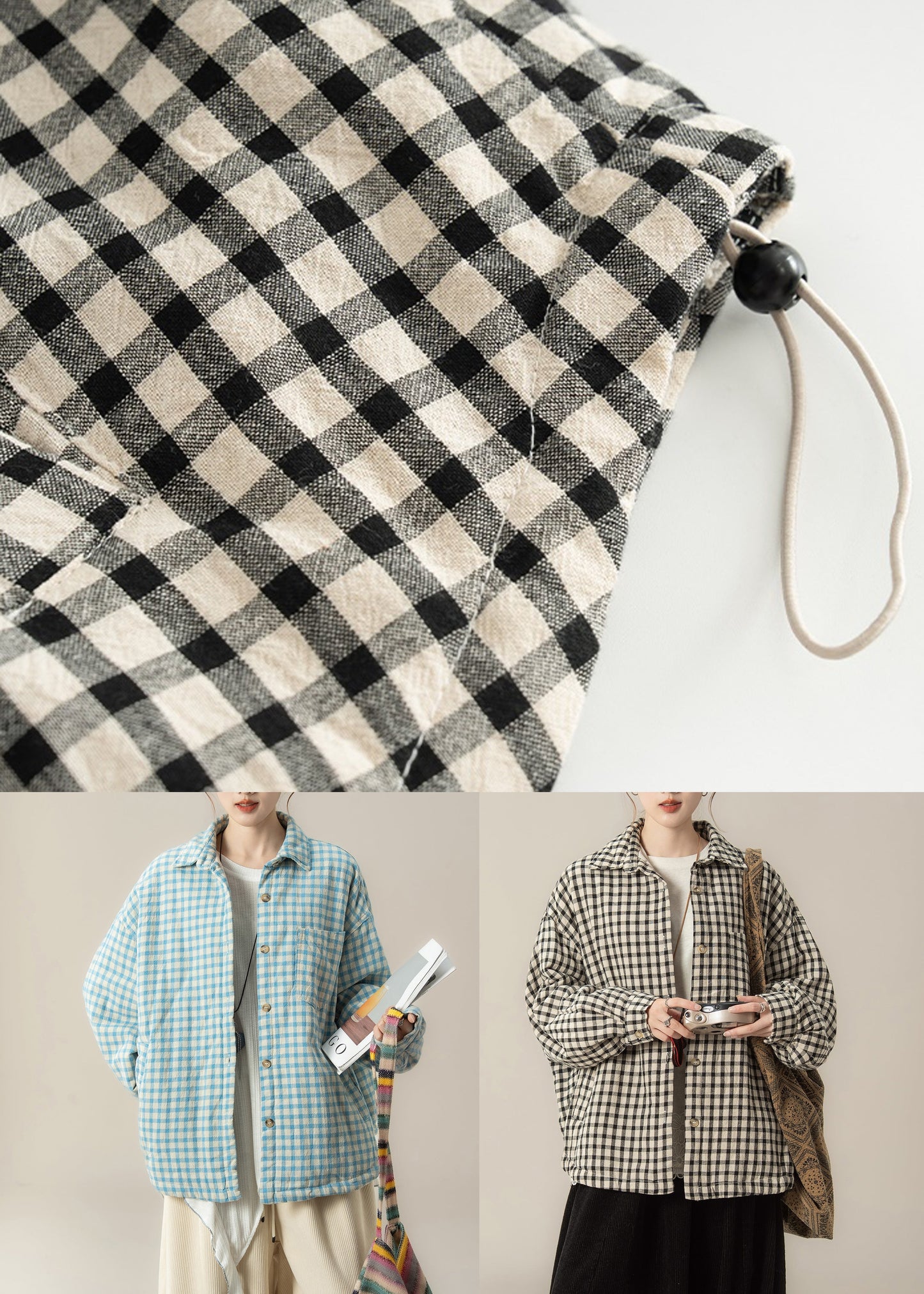 Black Plaid Pockets Oversized Cotton Filled Blouses Coat Peter Pan Collar