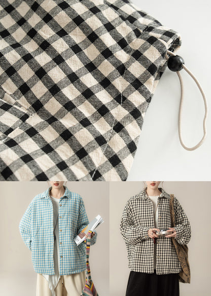 Black Plaid Pockets Oversized Cotton Filled Blouses Coat Peter Pan Collar