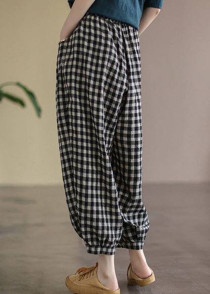 Black Plaid Pockets Plus Size Linen High Waist Crop Pants Summer