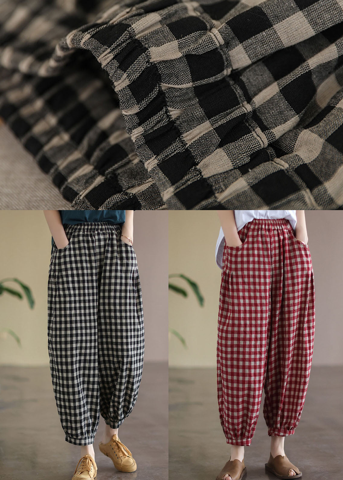 Black Plaid Pockets Plus Size Linen High Waist Crop Pants Summer