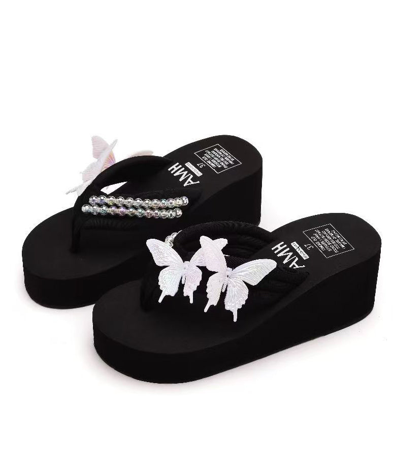 Black Platform Faux Leather Retro Butterfly Flip Flops