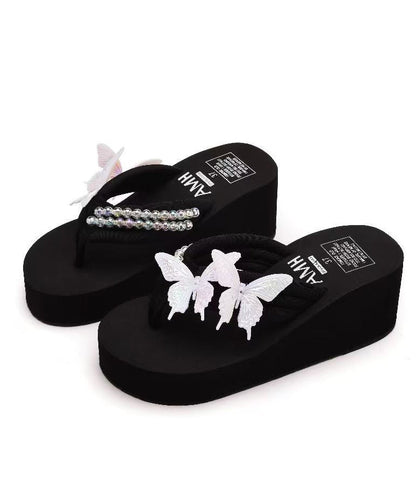 Black Platform Faux Leather Retro Butterfly Flip Flops