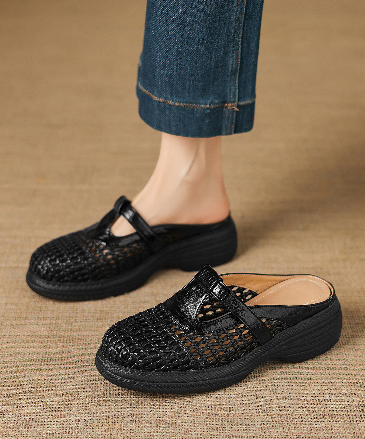 Black Platform Sheepskin Elegant Splicing Slide Sandals Hollow Out