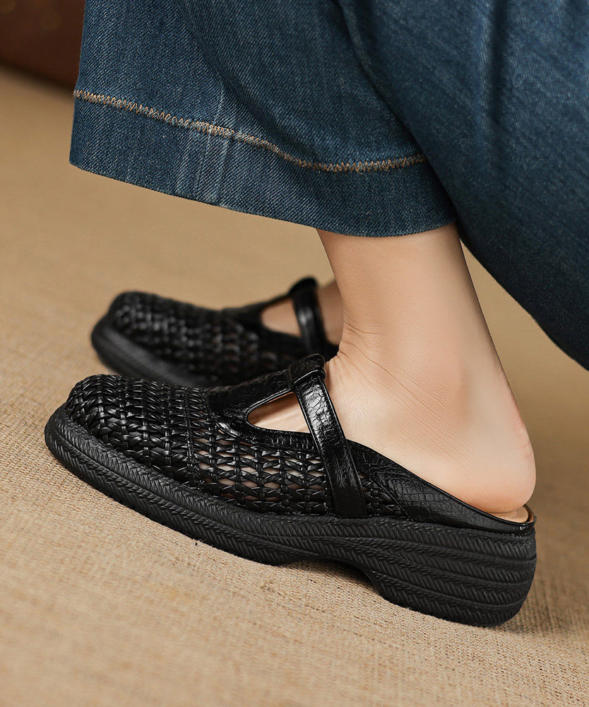 Black Platform Sheepskin Elegant Splicing Slide Sandals Hollow Out