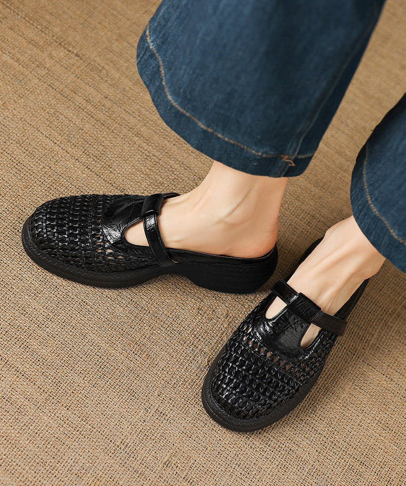 Black Platform Sheepskin Elegant Splicing Slide Sandals Hollow Out