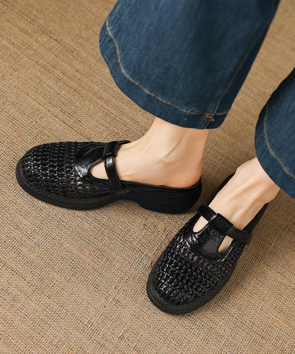 Black Platform Sheepskin Elegant Splicing Slide Sandals Hollow Out