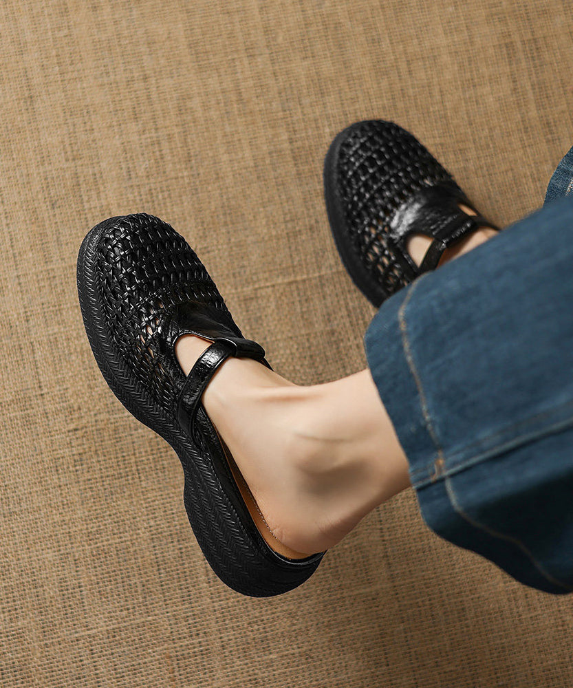 Black Platform Sheepskin Elegant Splicing Slide Sandals Hollow Out