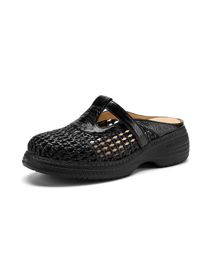 Black Platform Sheepskin Elegant Splicing Slide Sandals Hollow Out