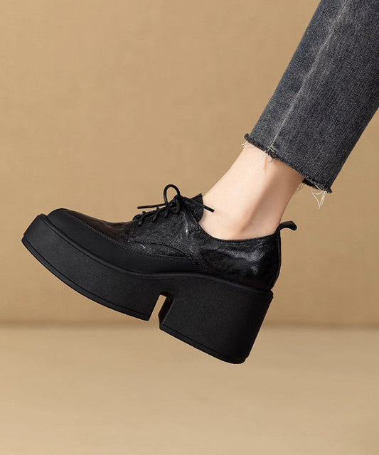 Black Platform Sheepskin Stylish Splicing Lace Up Pointed Toe